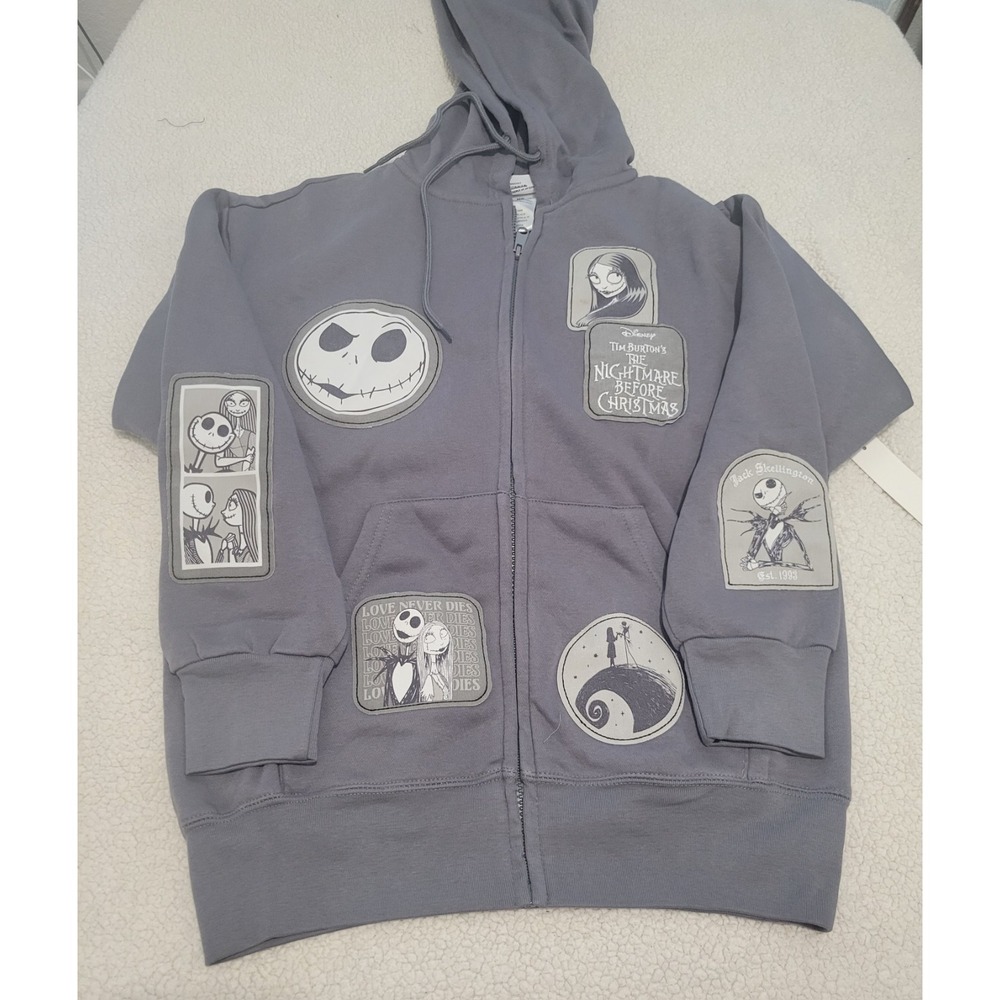 Disney Nightmare Before Christmas Women Grey Patch Zip Hoodie Jack Sally Large